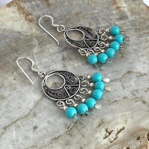 Sterling Silver 925 Cannetille Faux Turquoise Beaded Dangle Earrings French hook